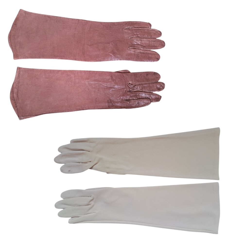 Vintage Opera Gloves Set‎ of 2 Brown Leather /Off White Crenlon Crescendoe Nylon